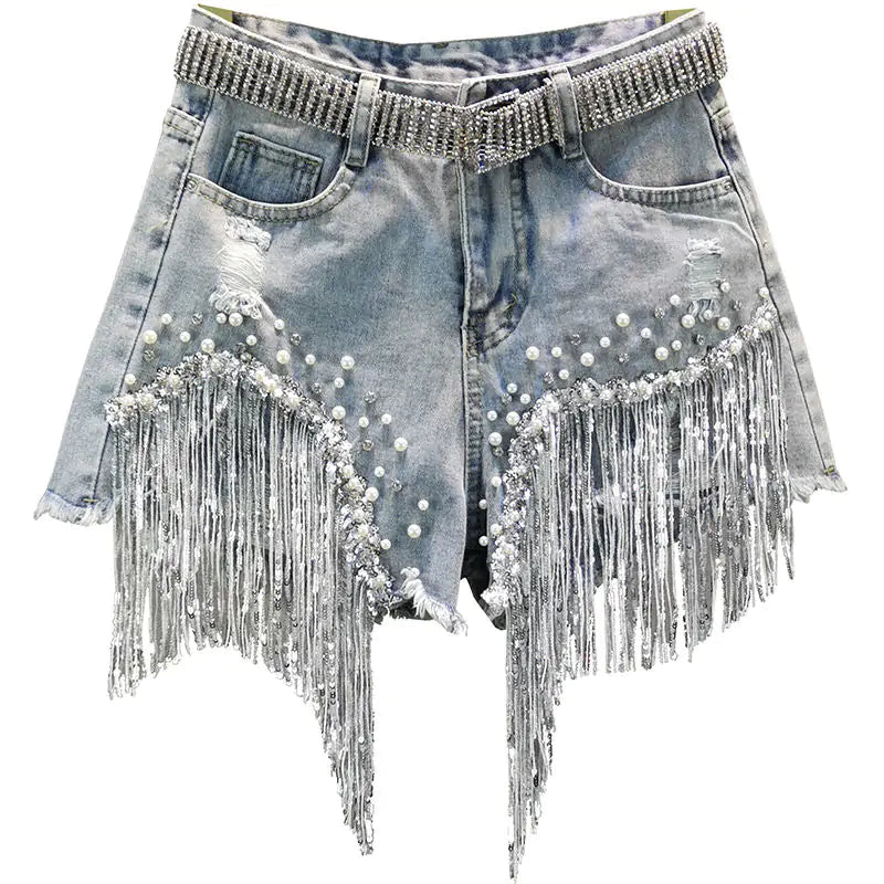 Denim-Shorts mit Quastenperlen