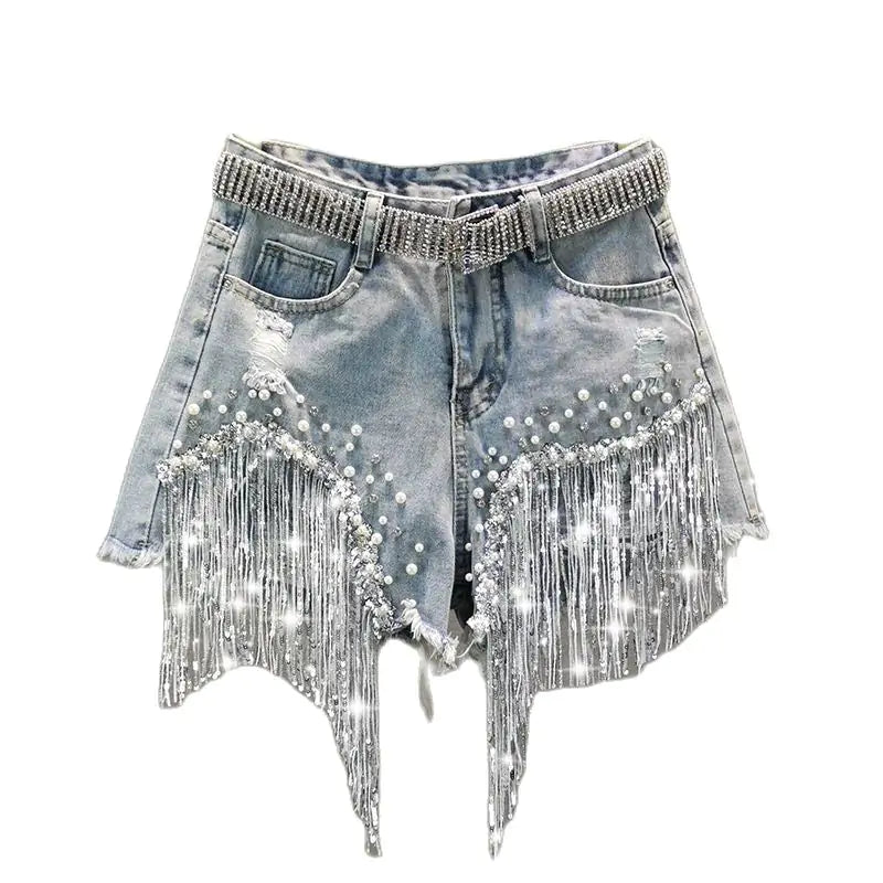 Denim-Shorts mit Quastenperlen